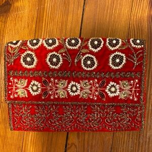 Anthropologie Red and Gold Embroidered Clutch